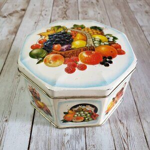 Octagonal Metal Candy Box Tin with Brightly Coloured Fruit Basket Vintage